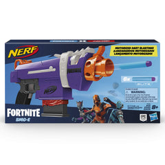 Nerf Fortnite SMG-E Blaster shows a 6-dart clip for quick reloads.