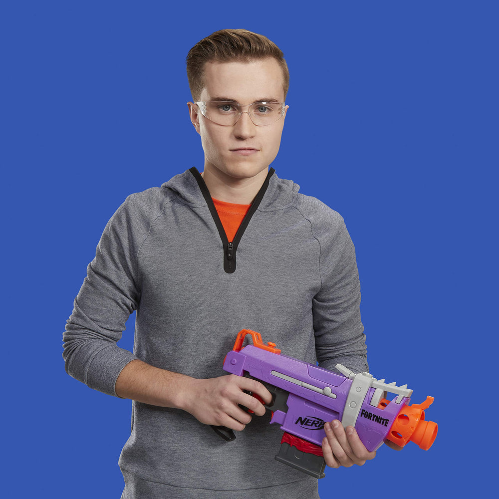 Nerf Fortnite SMG-E Blaster front view highlights compact ergonomic design.