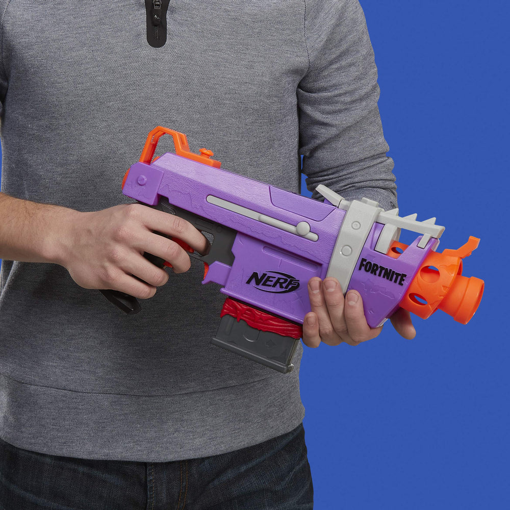 Nerf Fortnite SMG-E Blaster held in hand for immersive play.