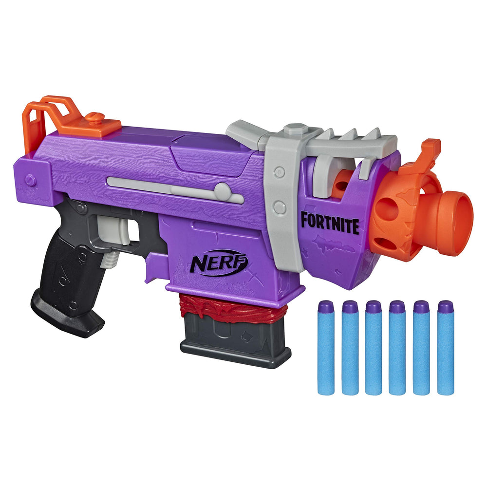 Nerf Fortnite SMG-E Blaster motorized action ready for fast play.
