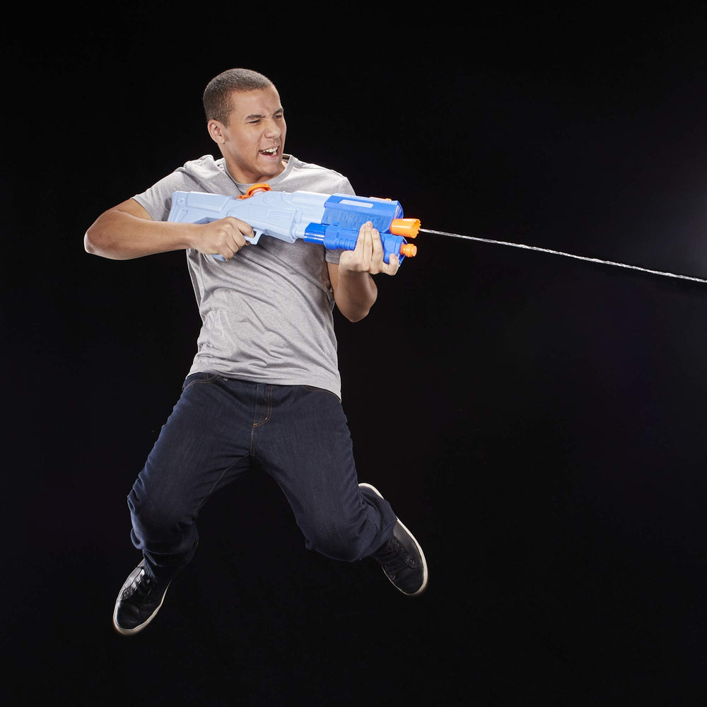 Nerf Fortnite TS-R water blaster splash action captures dramatic water jets.
