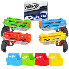 Nerf Laser Strike four blasters and holsters ready for fast-paced battles.