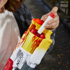 Nerf Mega CycloneShock Hotrod drum shows 6-dart capacity for rapid shots.