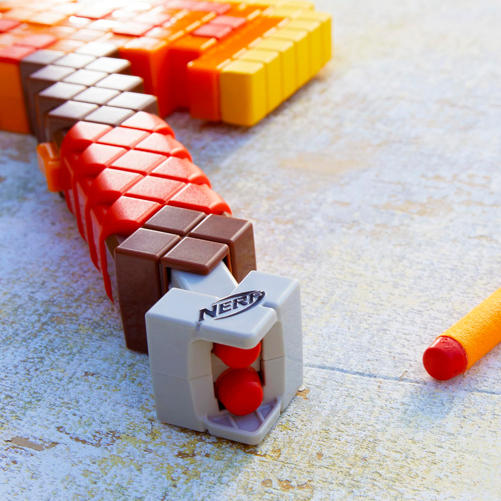 Nerf Minecraft Firebrand Axe dart-storage compartment keeps two extra darts within reach