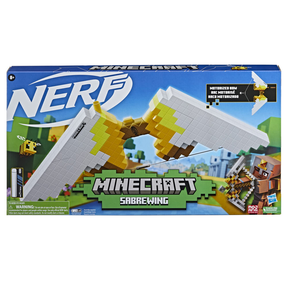 Nerf Minecraft Sabrewing Bow prime-handle enables easy cocking for quick blasts.