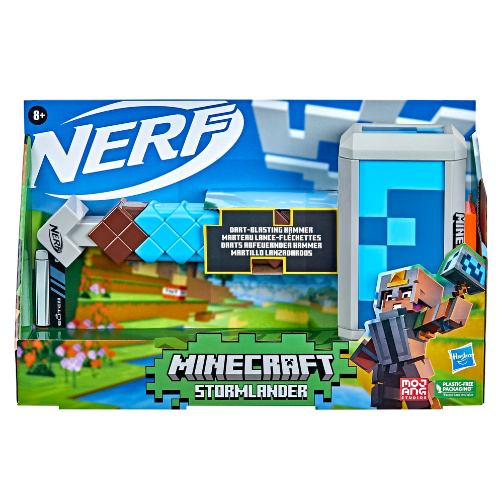 Nerf Minecraft Stormlander hammer side view highlights rugged Minecraft style.