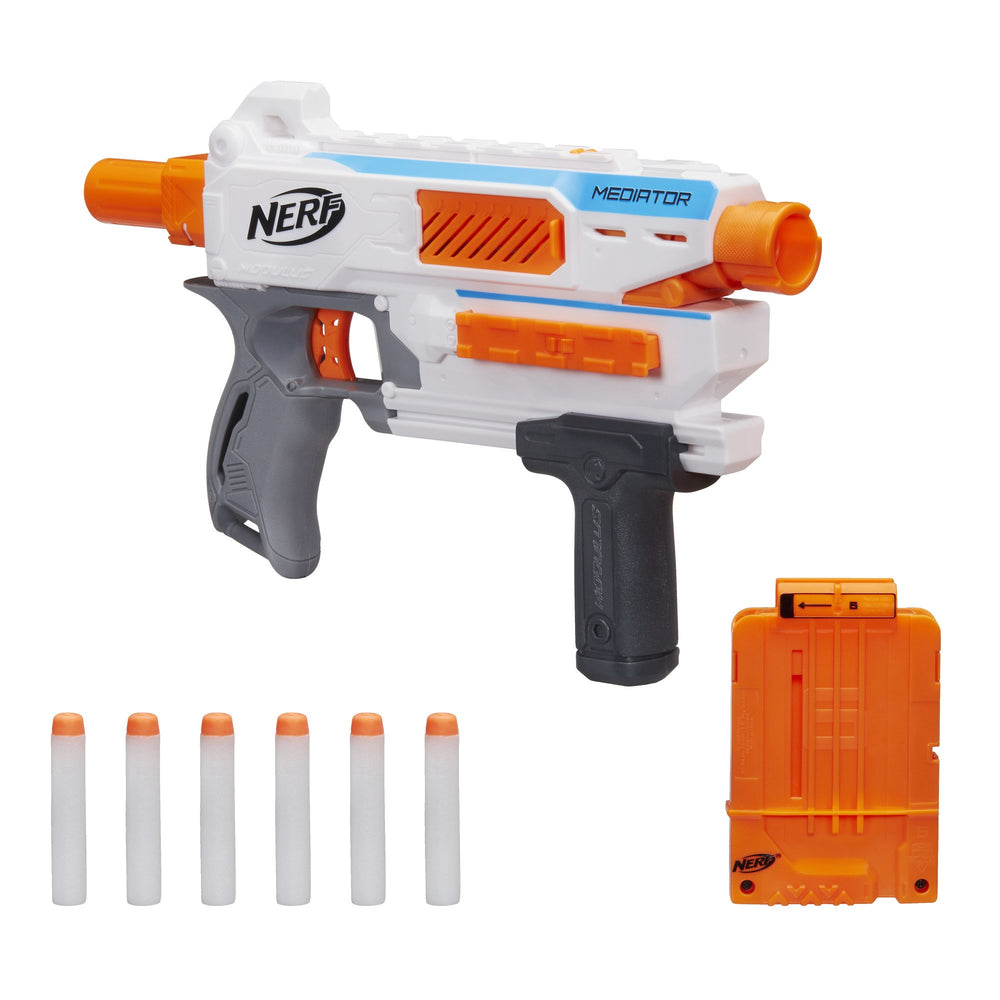 Nerf Modulus Mediator blaster front view showing six-dart capacity
