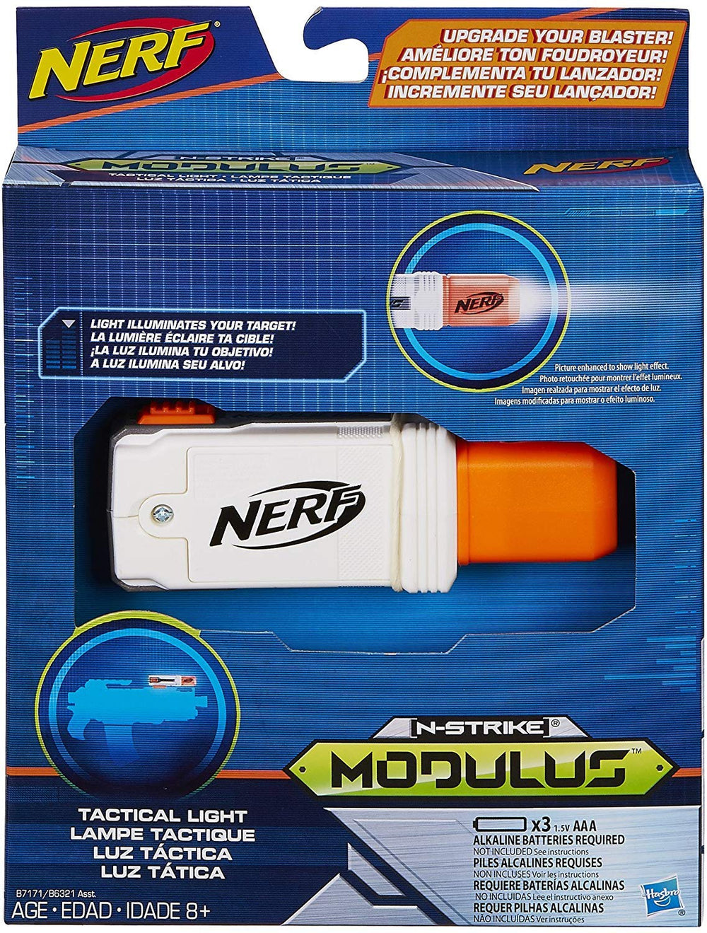 Nerf Modulus Tactical Light on a blaster front view for clear targeting during play.