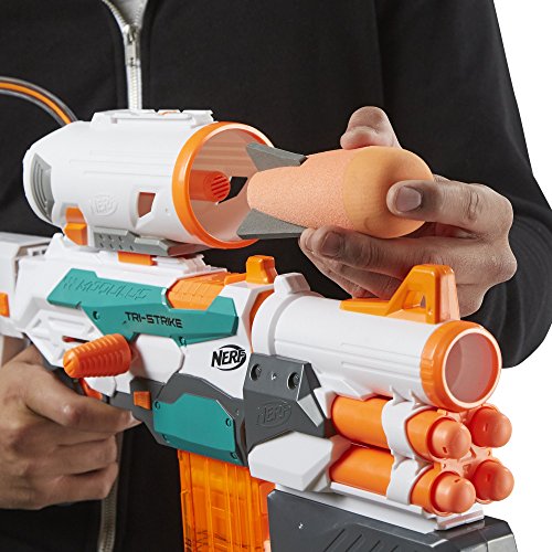 Nerf Modulus Tri-Strike Amazon Exclusive packaging on display.