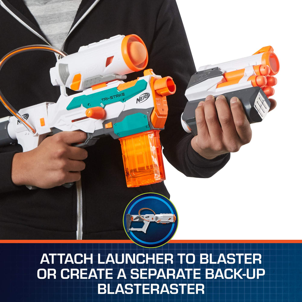 Nerf Modulus Tri-Strike rocket launcher attached for rocket-powered bursts.