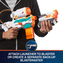 Nerf Modulus Tri-Strike rocket launcher attached for rocket-powered bursts.