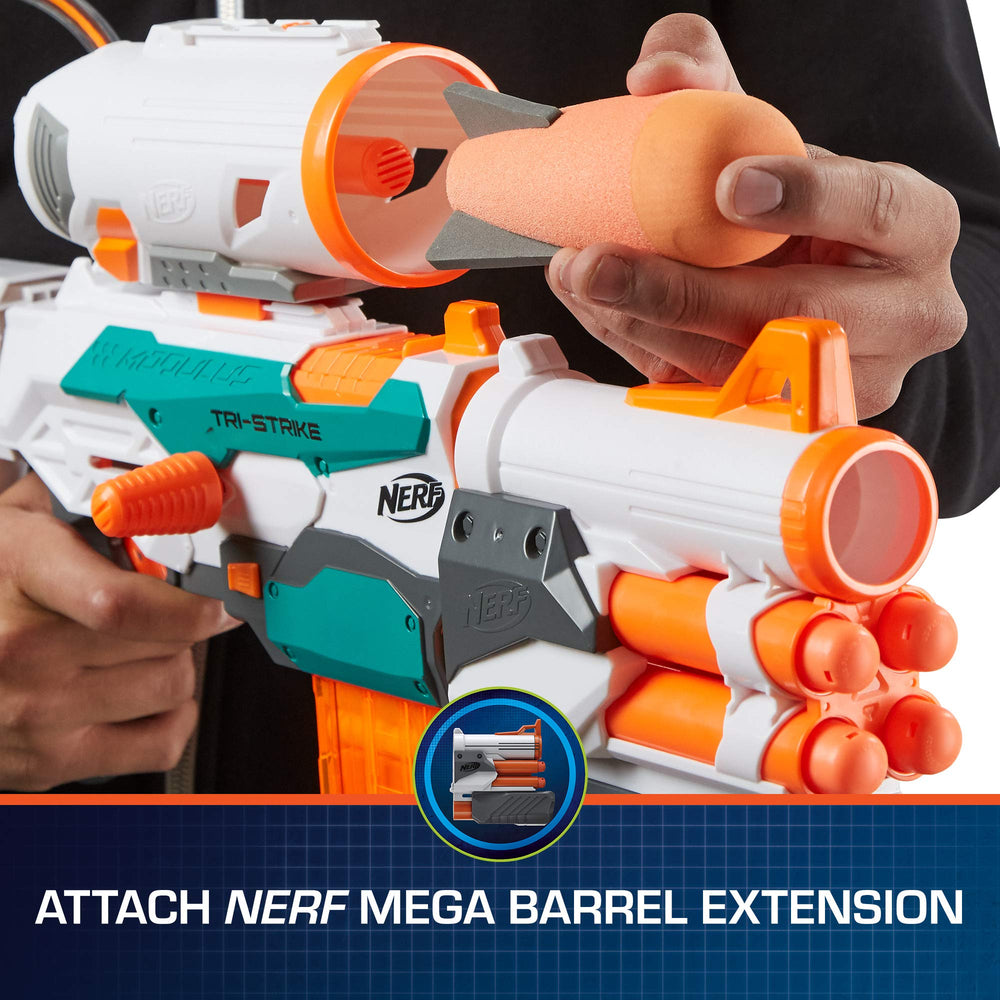 Nerf Modulus Tri-Strike rocket launcher assembled as a standalone blaster.