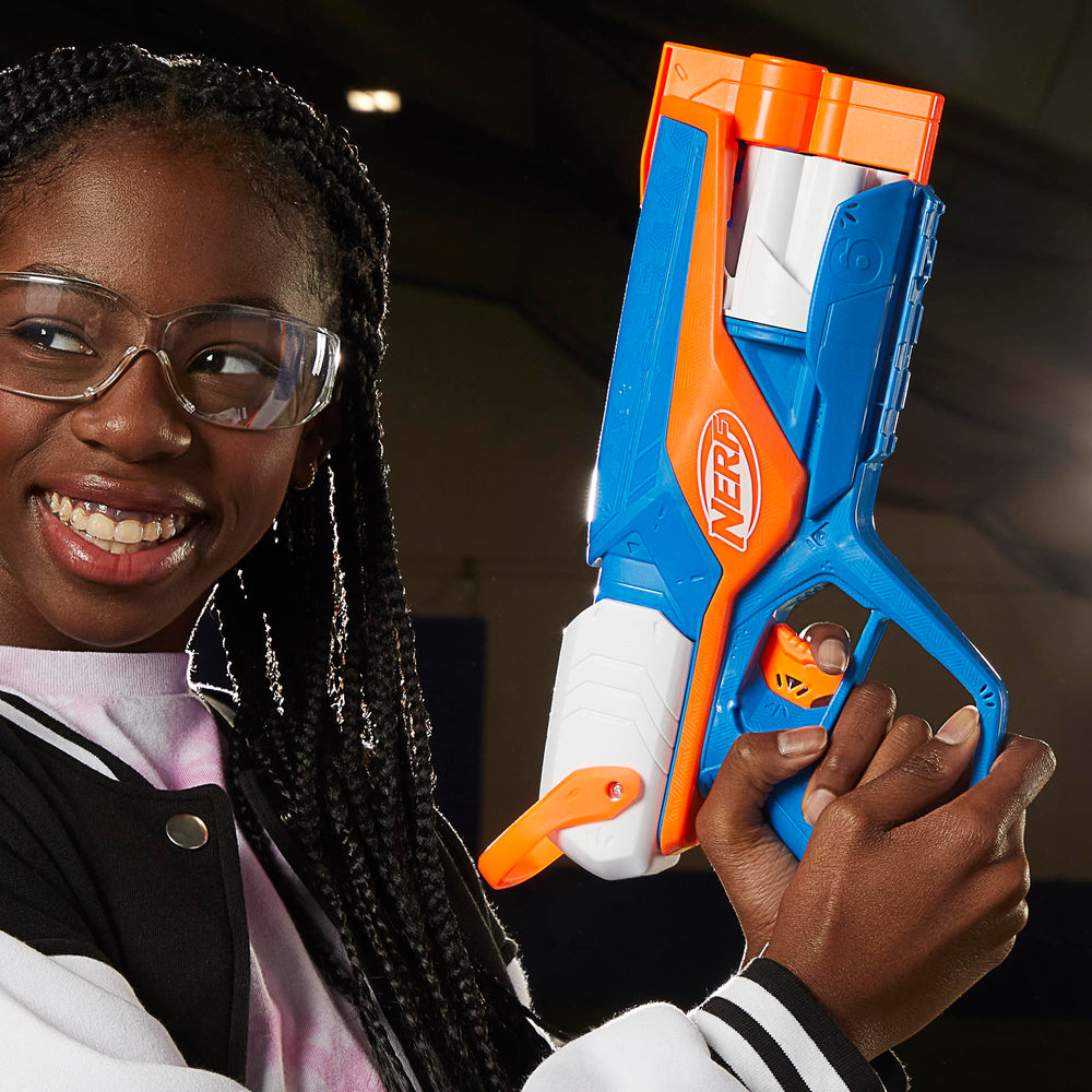 Nerf branding on the Agility Blaster with Hasbro logo