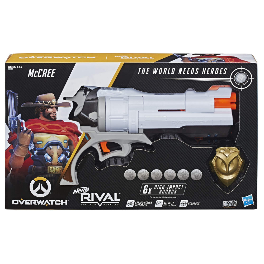 Nerf Overwatch McCree blaster with six rounds for quick reloads and action.