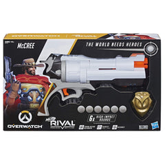 Nerf Overwatch McCree blaster with six rounds for quick reloads and action.