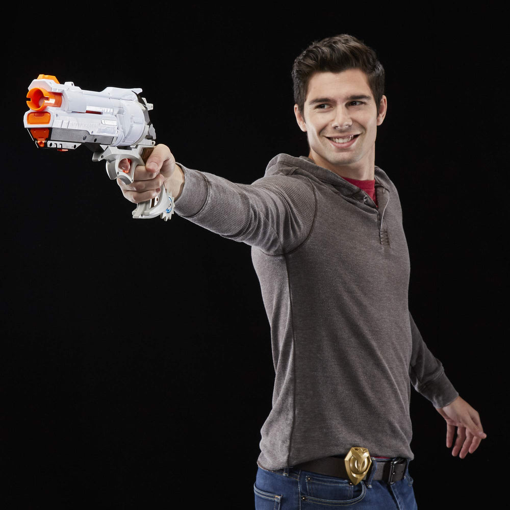 Nerf Overwatch McCree blaster highlighting spring-action mechanism for smooth firing.