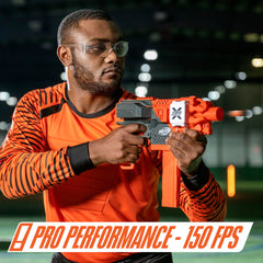 Nerf Pro Stryfe X rechargeable LiPo battery powers fast-fire action.