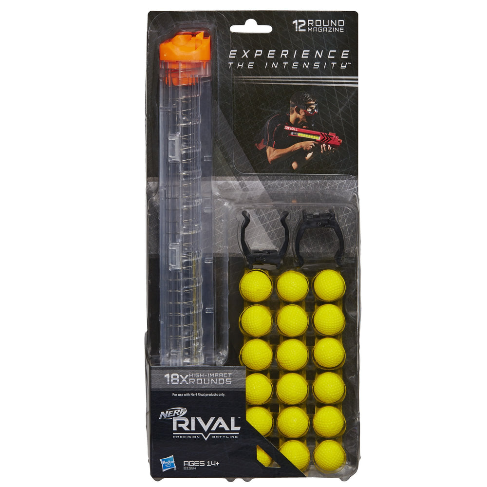 Nerf Rival 12-round magazine loaded with rounds illustrating ready-to-fire capacity.