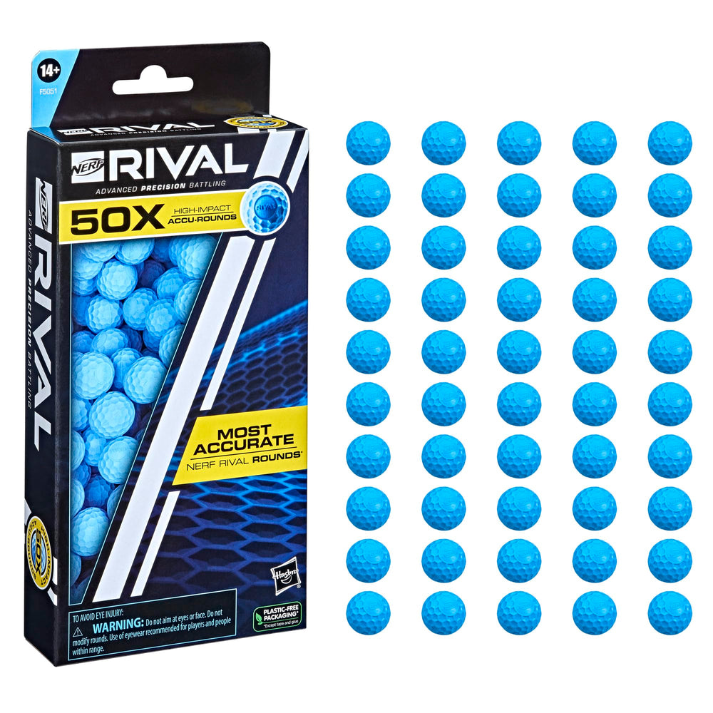 Nerf Rival 50 Accu-Round refill pack box front, boosts ready-to-battle accuracy during play.