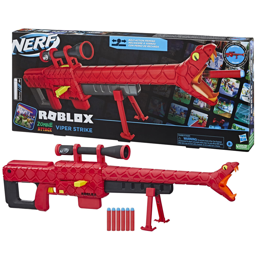 Nerf Roblox Zombie Attack Viper Strike bolt-action priming for quick reloads.
