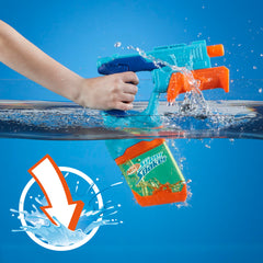 Nerf Dunk-Fill pump action handle powers a strong water blast.