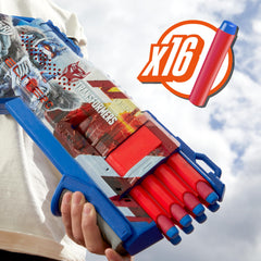 Nerf Transformers Optimus Primal blaster dual-dart blast in use