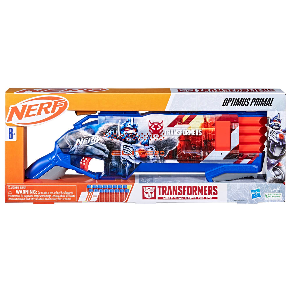 Nerf Transformers Optimus Primal blaster front view emphasizing action-ready design