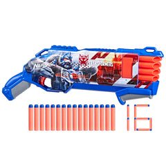 Nerf Transformers Optimus Primal blaster side view, bold artwork ideal for outdoor action