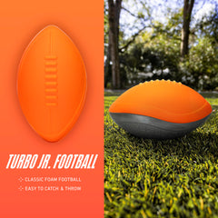 NERF Turbo Jr. mini football designed for small hands to grip and throw easily.