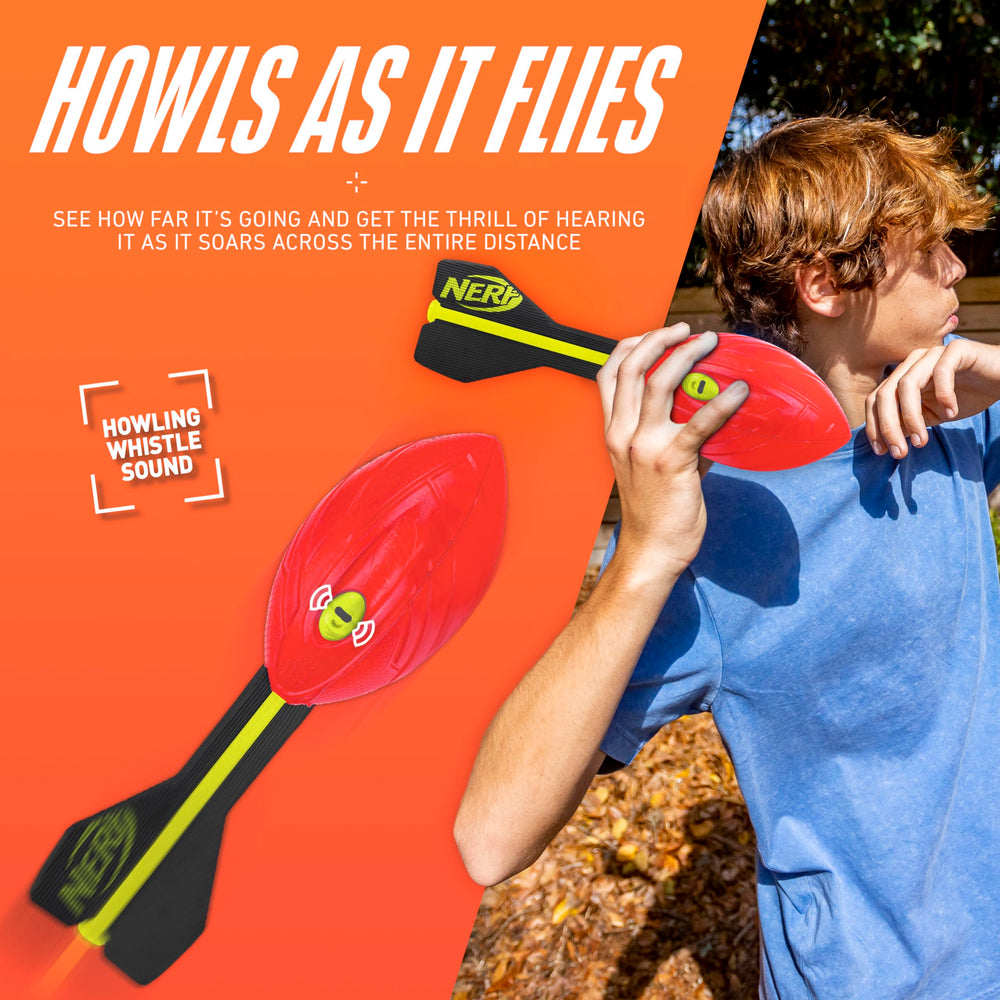 NERF Vortex Aero Howler ball with three-fin tail stabilizing spirals for accuracy