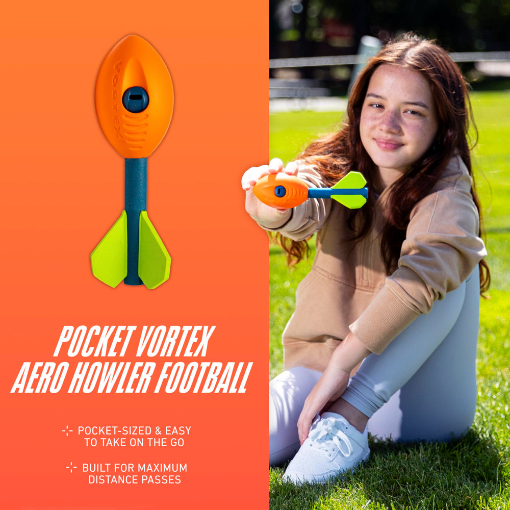 NERF Vortex Mini Aero Howler foam football in flight with three-finned tail for long-distance throws