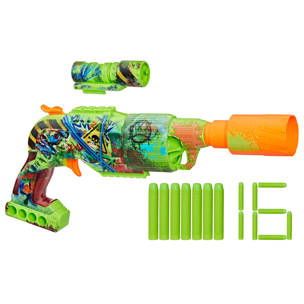 NERF Zombie Driller blaster front-view shows bold zombie graffiti styling for action-ready play