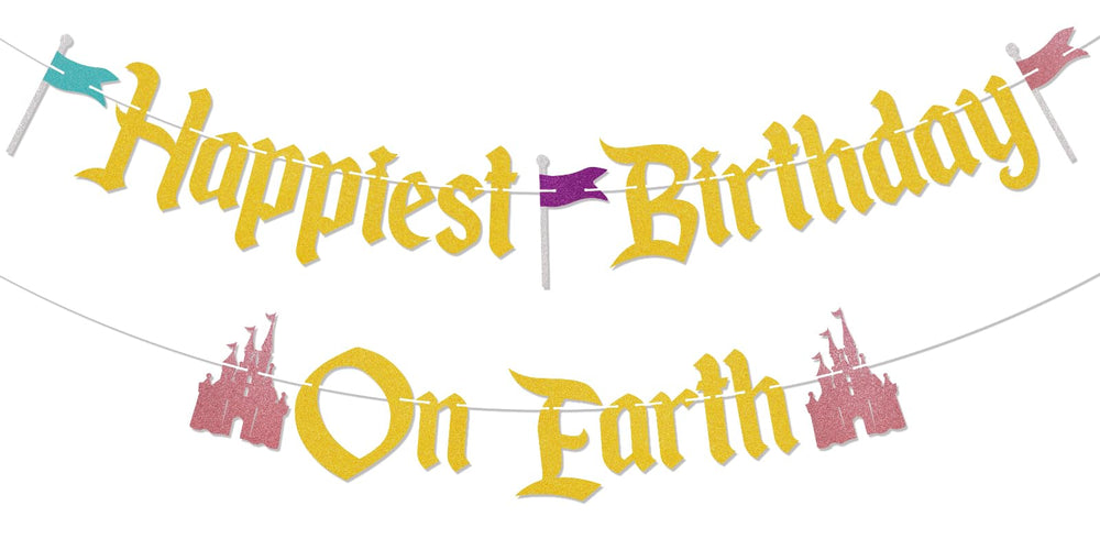 Nesinpa Happiest Birthday On Earth banner, assembled and ready to hang for a castle party.