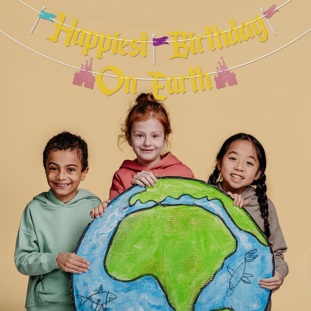 Nesinpa Happiest Birthday On Earth banner brightens walls, mantels, and windows.