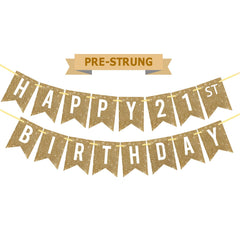 Netnology gold Happy 21st banner prestrung for effortless party decor.
