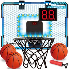 NEUBSAW basketball hoop with LED lights mounted on a door for daytime indoor play.