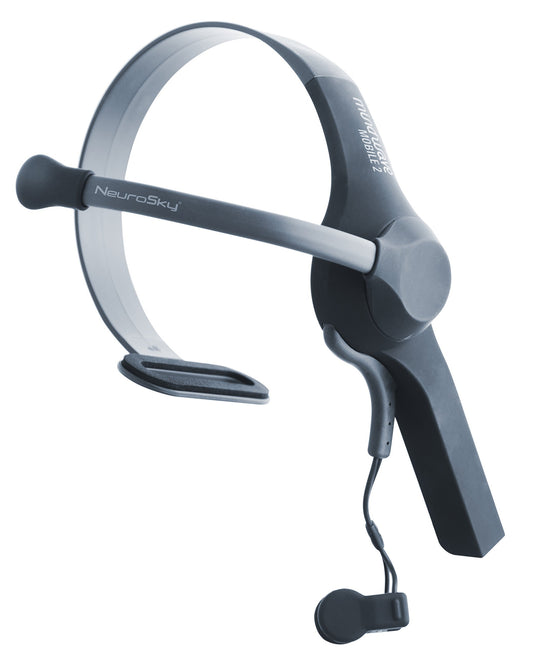 NeuroSky MindWave Mobile 2 headset on the forehead enables real-time brainwave monitoring.