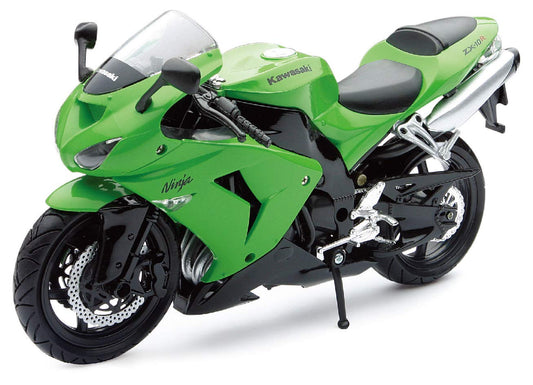 New-Ray Kawasaki ZX-10R 2006 green die-cast motorcycle with true-to-scale detail for display.