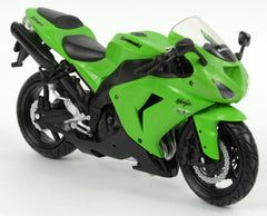 NewRay 1:12 Kawasaki ZX-10R green die-cast model shows precise dashboard details for collectors.