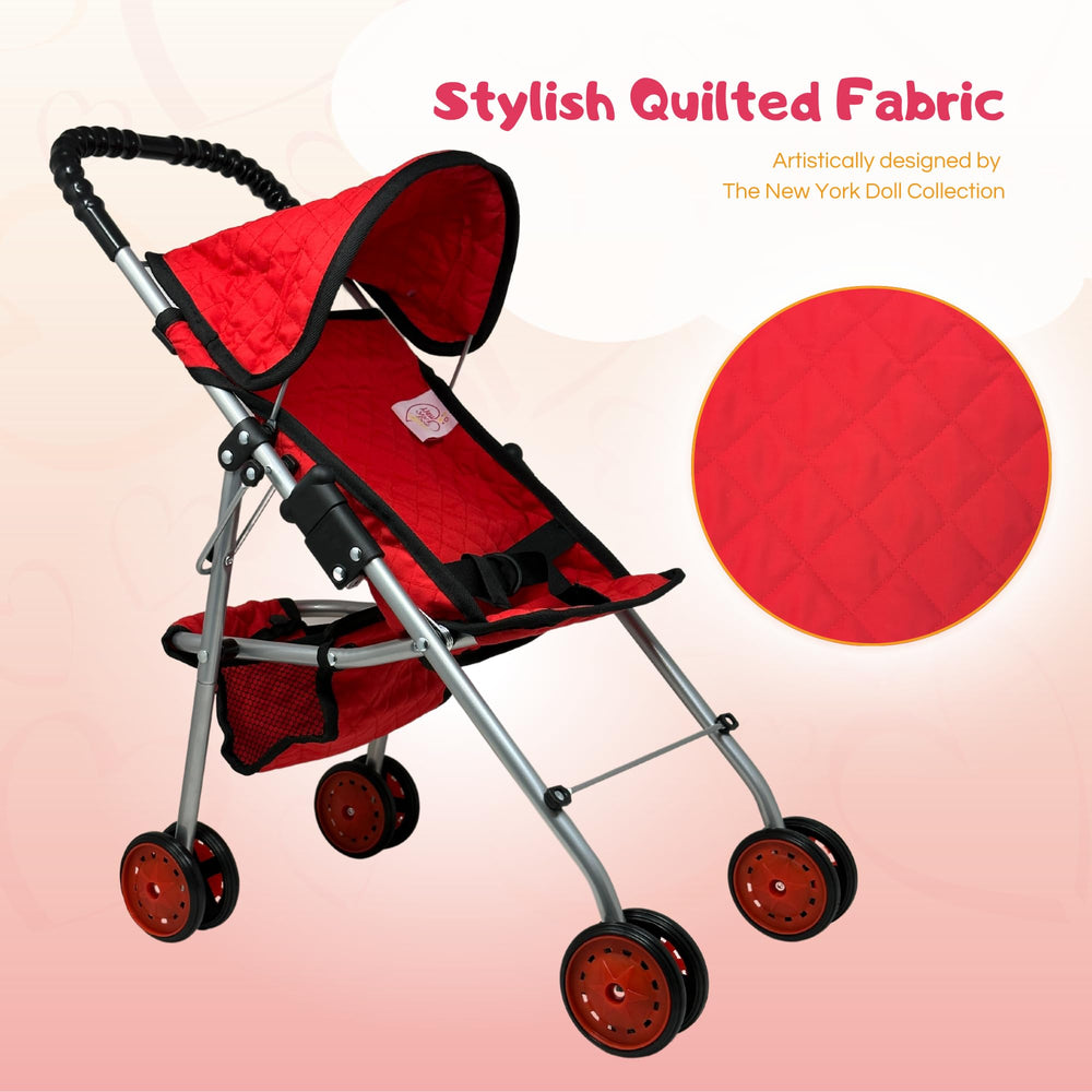 The New York Doll Collection seat detail in red quilted fabric, cozy for dolls.