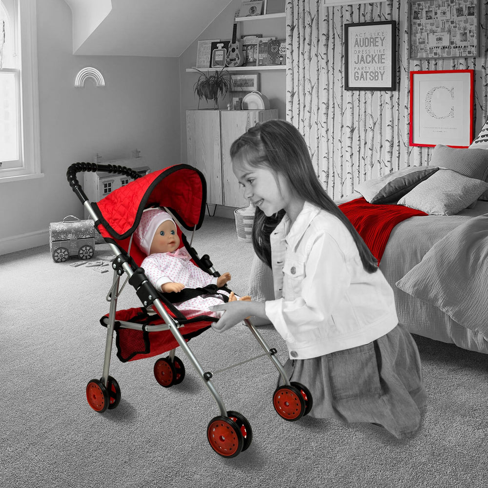 The New York Doll Collection foldable stroller demonstrates umbrella-fold design for easy storage.