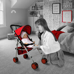 The New York Doll Collection foldable stroller demonstrates umbrella-fold design for easy storage.