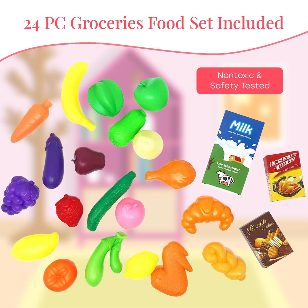 The New York Doll Collection 24-piece pretend food set supports imaginative play
