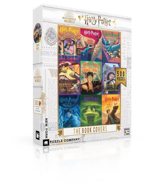 New York Puzzle Company Harry Potter book cover collage 500-piece puzzle for fans and families.