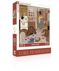 New York Puzzle Company Loré Pemberton Dinner Bell puzzle pieces spread on a table for family night