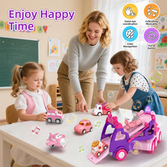 Newcrave 7-in-1 truck set rear loading-baffle shows easy unloading of mini cars.