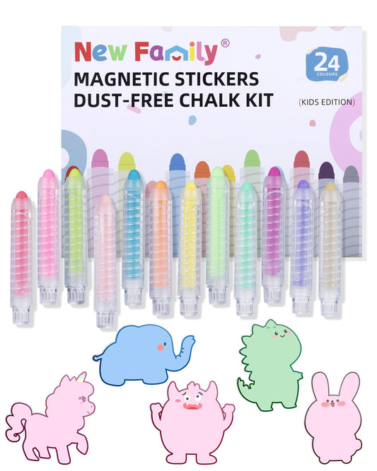 NewFamily Kids Art Chalk Set: 24 colors and magnetic board for creative, mess-free play.