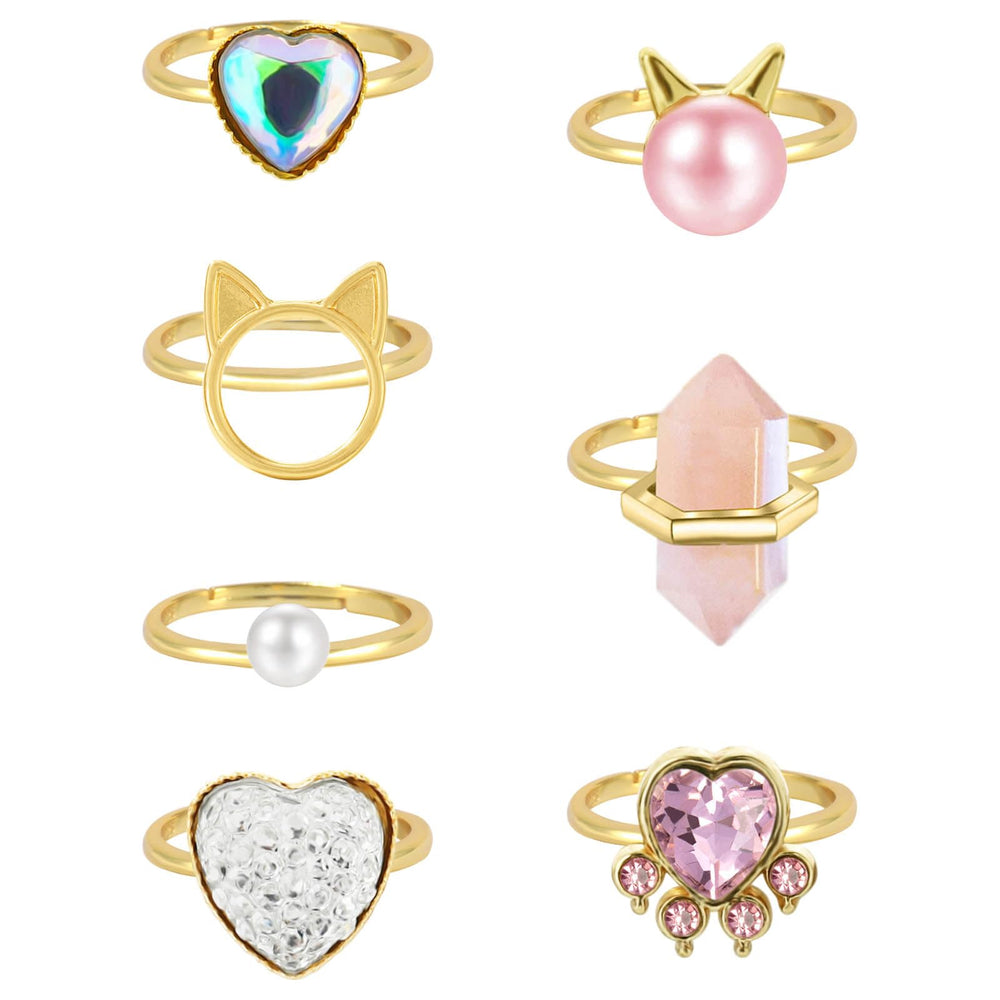 NEWITIN seven-piece girls rings pack with crystal accents for versatile dress-up looks