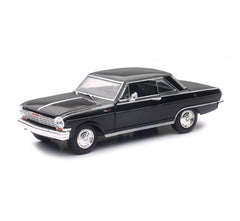 NewRay 1964 Chevrolet Nova SS black diecast model with detailed interior, ideal for display.