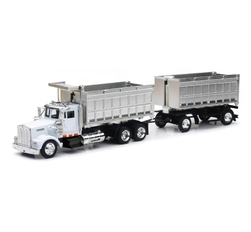 NewRay Kenworth W900 double dump truck with chrome trailer for durable play and imaginative adventures.
